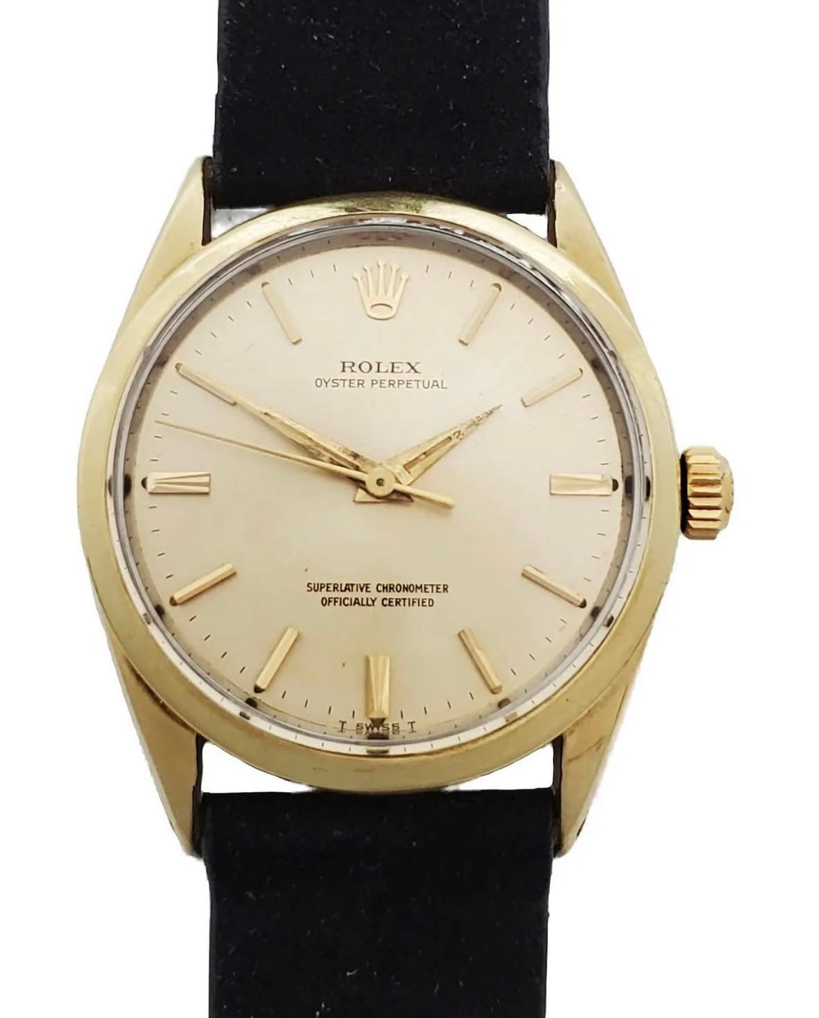 Vintage gold Rolex watch with a black strap, gold bezel, and gold dial on a white background